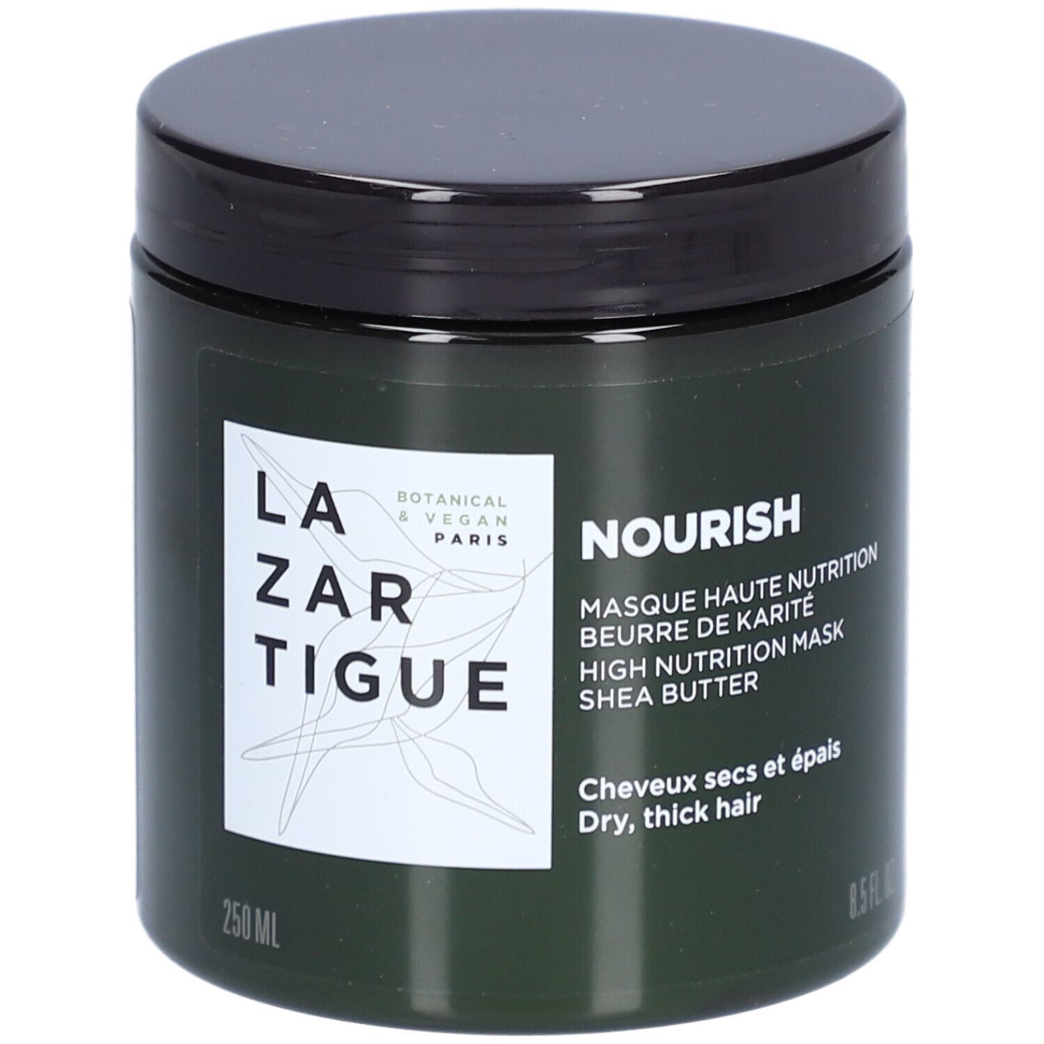 Dark green jar labeled "LAZARTIGUE NOURISH" with white text, featuring botanical illustrations; contains 250ml of shea butter hair mask for dry, thick hair.