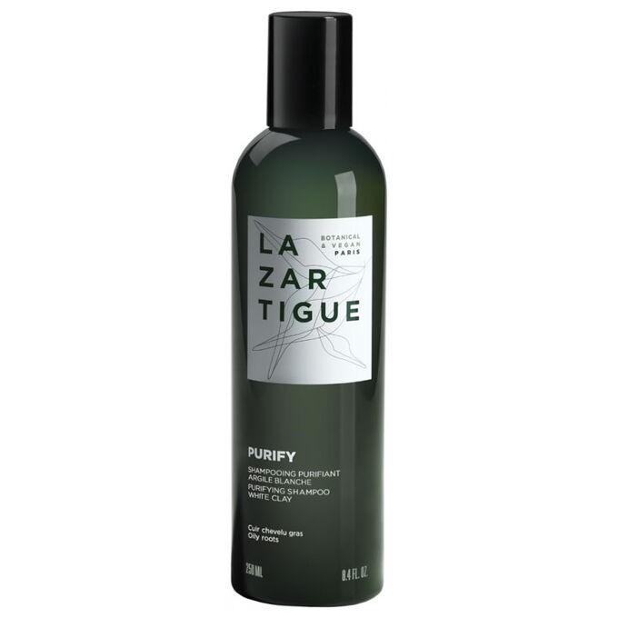 Dark green bottle of Lazartigue Purify Vegan Shampoo, featuring a sleek design with a white label and black text, containing 250 ml of product for purifying hair.