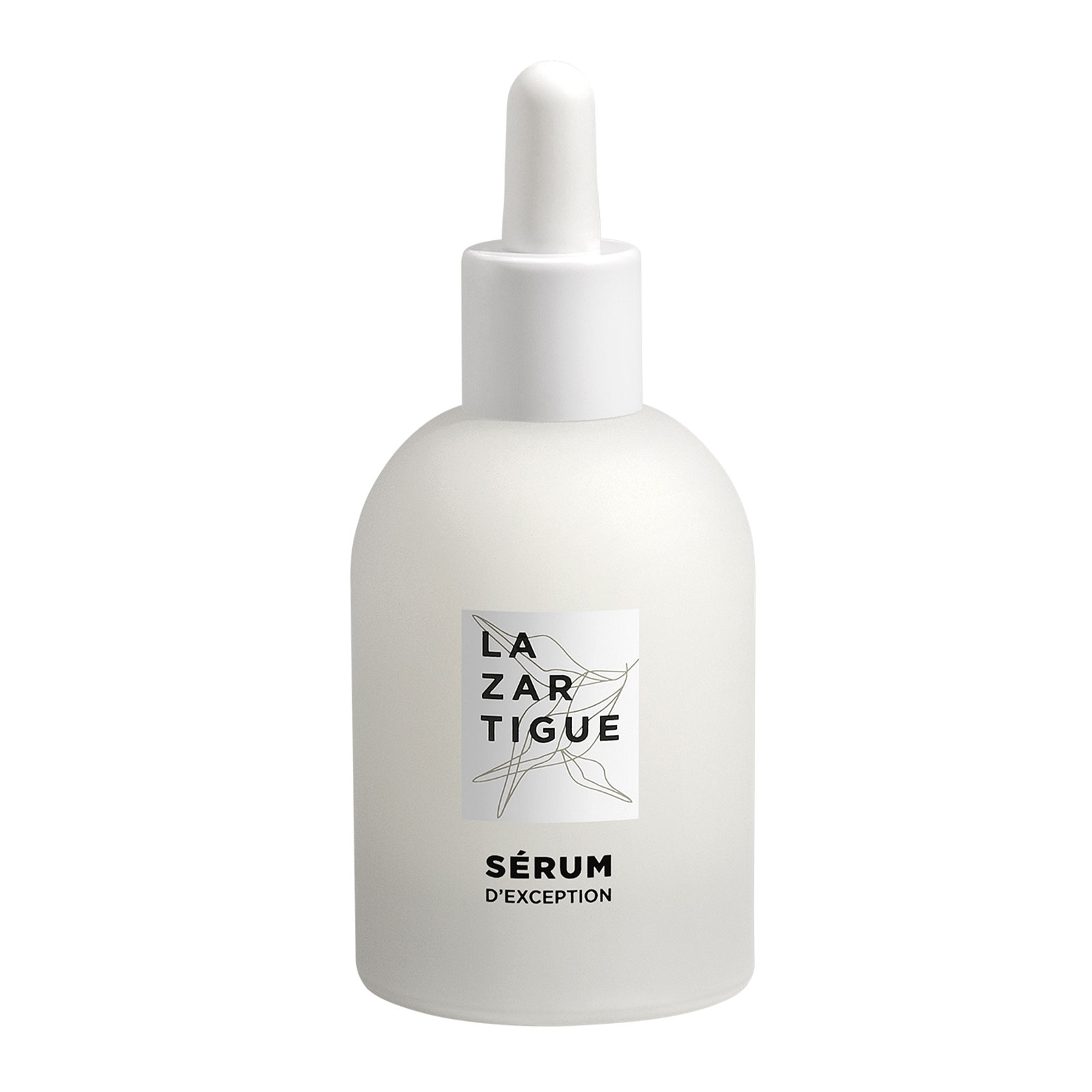 White glass serum bottle with a dropper top, featuring a minimalist design and a black and white label that reads "LAZARTIGUE SÉRUM D'EXCEPTION," 1.7 fl oz (50 ml).
