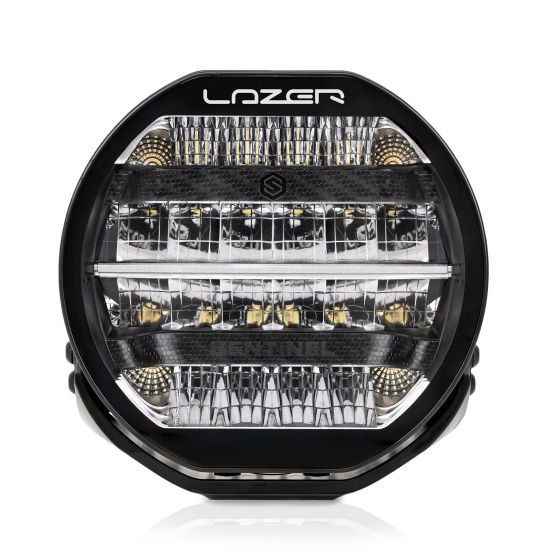 Round LED light with a black case and bezel, featuring multiple bright LED bulbs arranged in a grid pattern, showcasing a sleek, modern design with the "Lazer" logo.