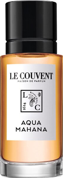 Clear glass perfume bottle with a black cap, featuring a white label with "LE COUVENT" and "AQUA MAHANA" in bold black text, showcasing a warm amber liquid inside.