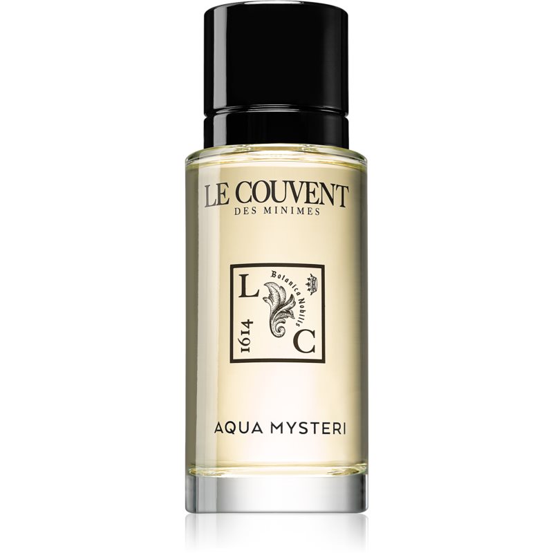 Clear glass bottle of Le Couvent Des Minimes Aqua Mysteri Eau De Cologne, featuring a black cap and elegant label with gold accents, containing a light yellow fragrance.