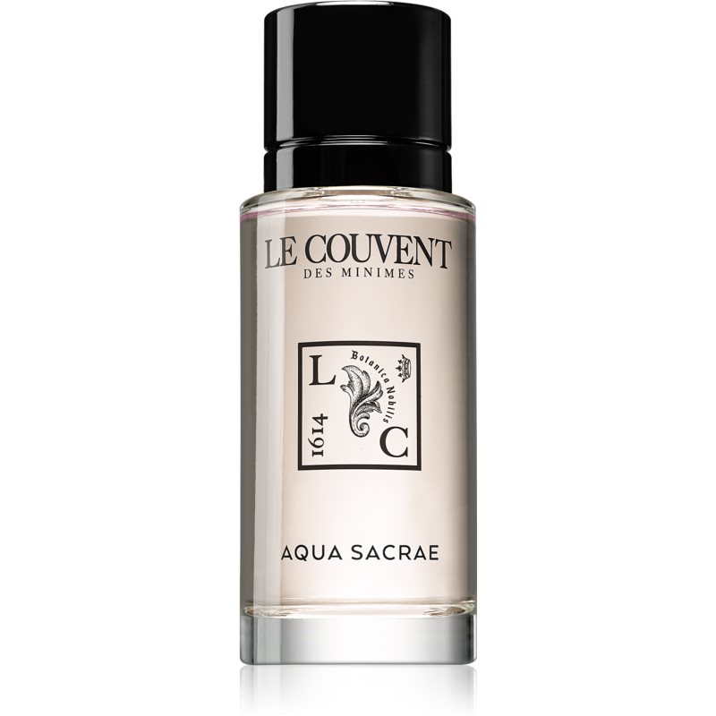 Clear glass bottle with a sleek design, featuring a black cap and a label displaying "Le Couvent Des Minimes" and "Aqua Sacrae" in elegant typography.