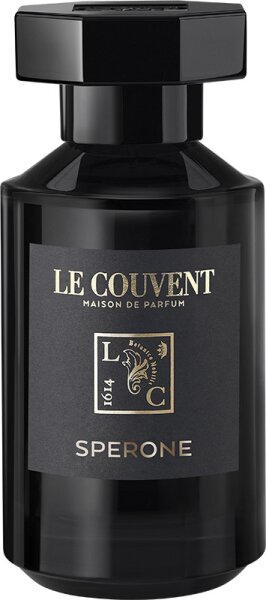 Black glass bottle with a square shape, featuring a gold label that reads "LE COUVENT" and "SPERONE," topped with a sleek black cap, representing a unisex fragrance.