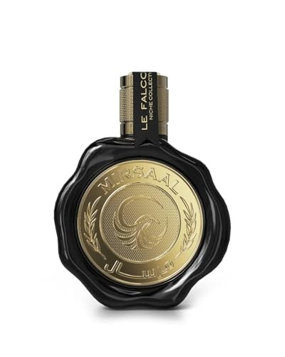 Elegant black bottle with a gold emblem, featuring the name "Mirsaal" and a decorative design, showcasing a sophisticated unisex fragrance for fresh and confident scents.