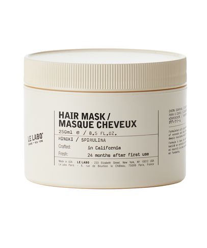 Le Labo HAIR MASK HINOKI in a cream-colored 250ml jar with a minimalist design, featuring black text and a label indicating fresh ingredients and a 24-month shelf life after opening.