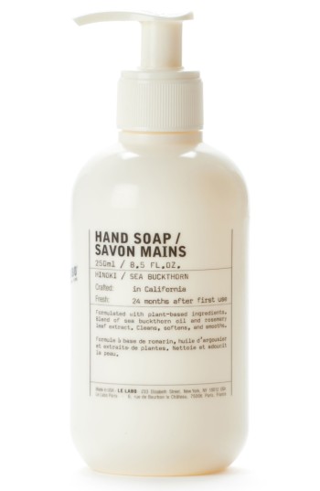 Le Labo Hinoki Hand Soap in a beige plastic bottle, featuring a minimalist design with black text, 8.5 oz capacity, and crafted in California.