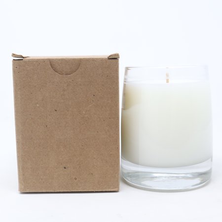 Santal 26 candle in a clear glass container, featuring a white wax interior and a wooden wick, accompanied by a simple brown kraft box.