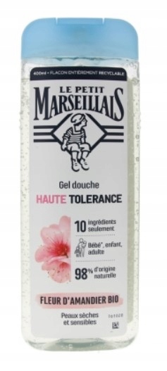 Clear plastic bottle of Le Petit Marseillais shower gel, 400ml, featuring a blue cap, labeled with "HAUTE TOLERANCE" and "FLEUR D'AMANDIER BIO," highlighting natural ingredients.