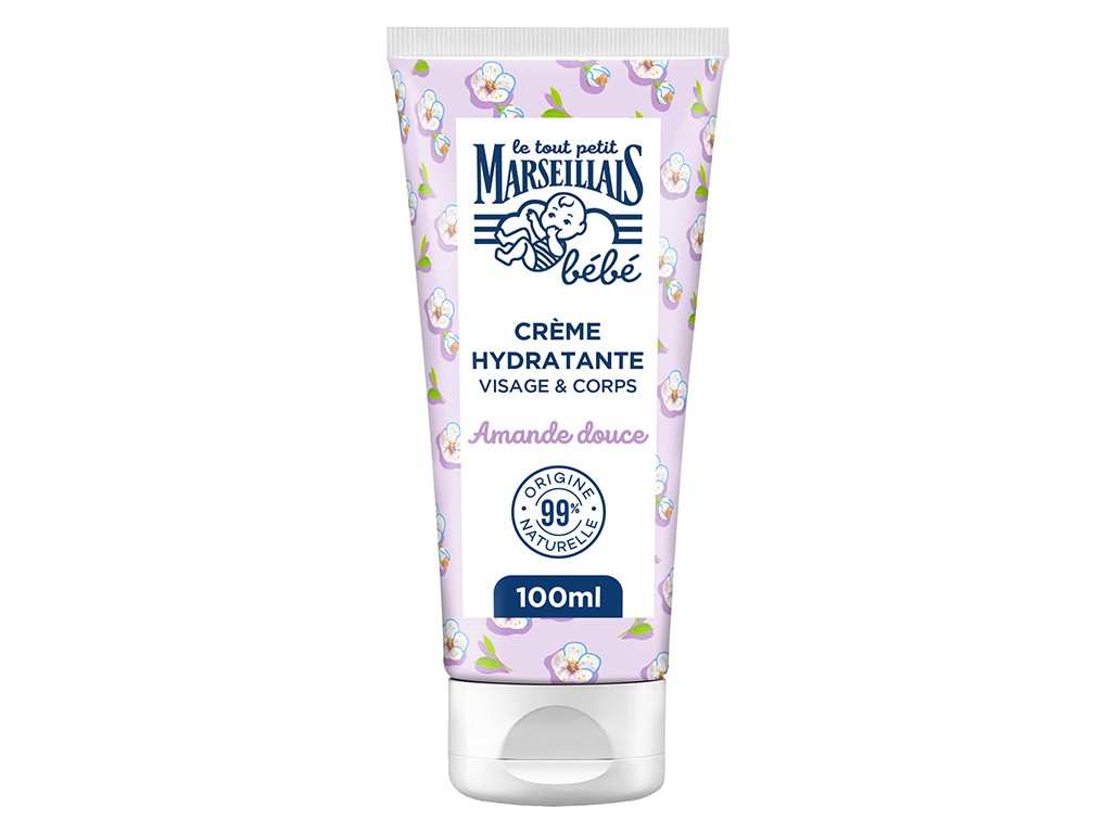 Light purple tube with floral design, labeled "Crème Hydratante" for face and body, featuring "Amande douce" and "99% d'origine naturelle," containing 100ml of product.