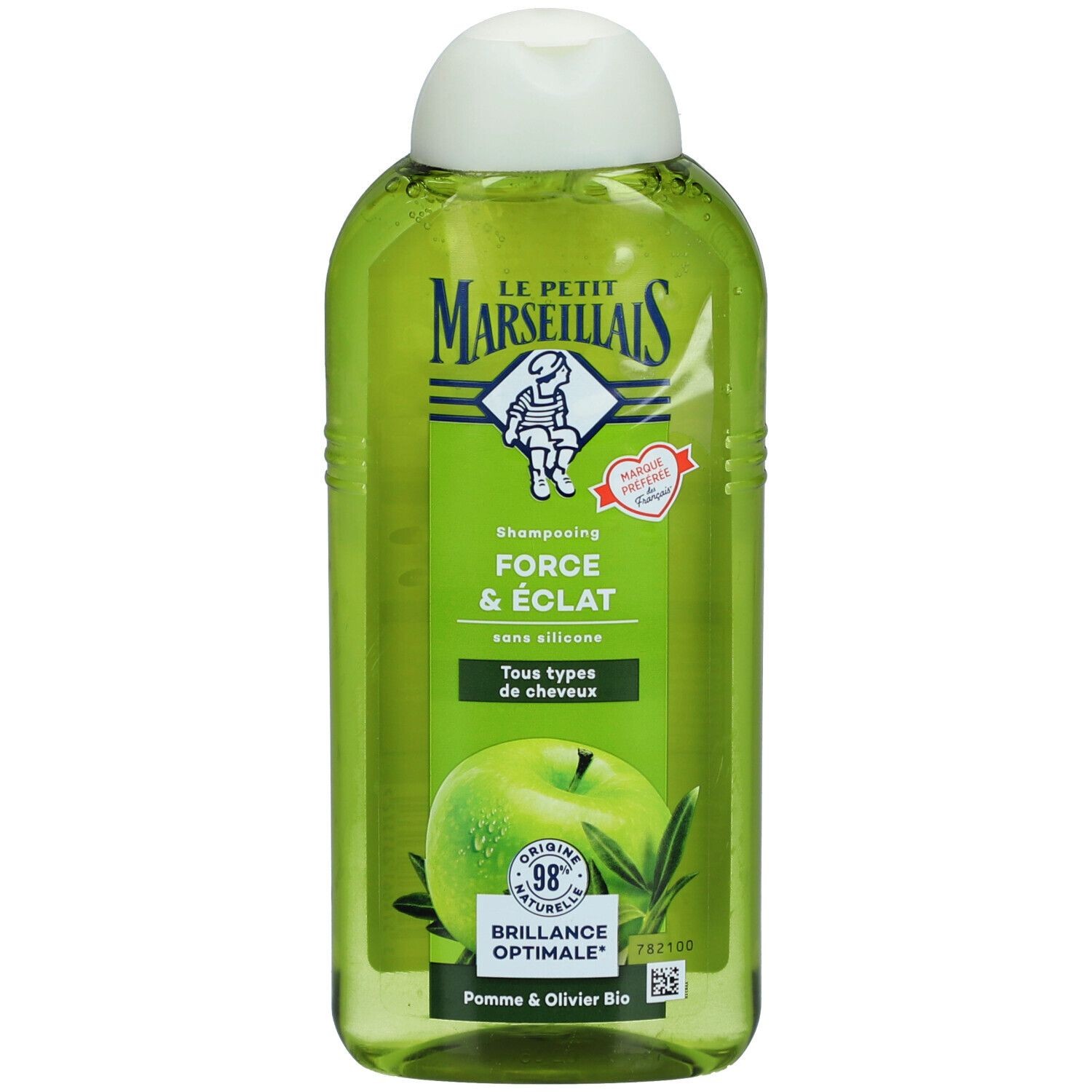 Green plastic bottle of Le Petit Marseillais shampoo, labeled "Force & Éclat" with apple and olive leaf graphics, featuring a 98% natural origin claim and silicone-free formula.
