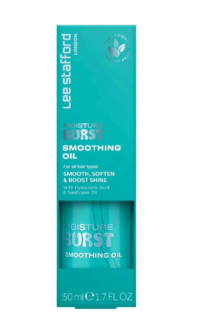 Turquoise packaging with a sleek design, featuring "Moisture Burst Smoothing Oil" in bold white and silver text, highlighting key ingredients like hyaluronic acid and sunflower oil.