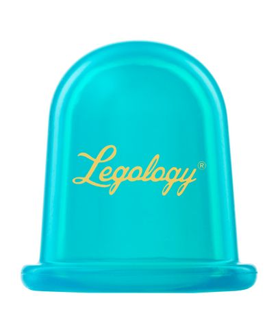 A translucent turquoise massage cup with a rounded top, featuring a yellow "Legology" logo on the front and a flat base for stability.