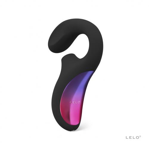 Sleek black silicone massager with a curved design, featuring a vibrant purple and pink gradient on one side, ideal for targeted stimulation.
