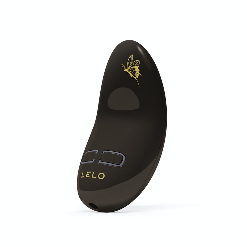 Sleek, curved black silicone massager with gold LELO logo and butterfly design, featuring a smooth surface and ergonomic shape for comfortable handling.