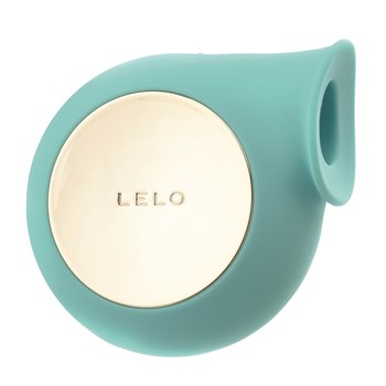 Aqua-colored silicone clitoral massager with a gold circular base featuring the brand name "LELO" embossed on it, designed for ergonomic use.