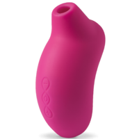 Bright pink, ergonomic silicone clitoral stimulator with a curved design and a rounded tip, featuring a subtle logo embossed on the side.