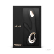 Black Soraya Wave Vibrator by Lelo, featuring a sleek design with smooth silicone material and elegant gold accents, packaged in a stylish black box.