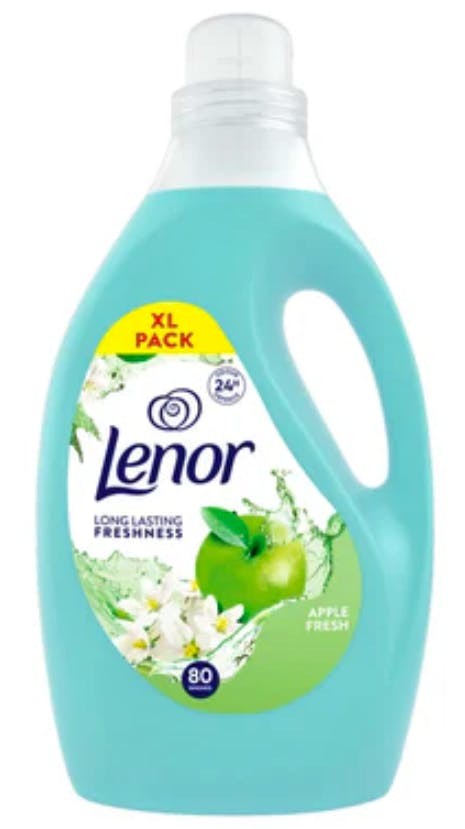 Turquoise plastic bottle of Lenor Fabric Conditioner, 2574 ml, featuring a green apple and floral design, labeled "Apple Fresh" and "Long Lasting Freshness."