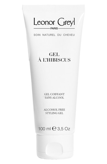 White tube with a sleek design, featuring black text and the Leonor Greyl logo, labeled "Gel à l'Hibiscus" and "Alcohol Free Styling Gel," 100ml size.