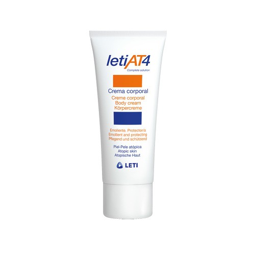 White tube of Leti At4 Body Cream (200ml) featuring blue and orange text, with a smooth plastic finish, labeled as emollient and protective for atopic skin.