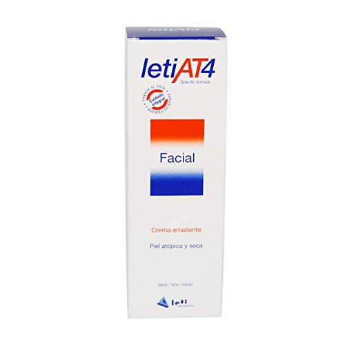 White box with orange and blue accents, featuring "letiAT4 Facial Cream" text, 50ml size, and details about emollient properties for atopic and dry skin.