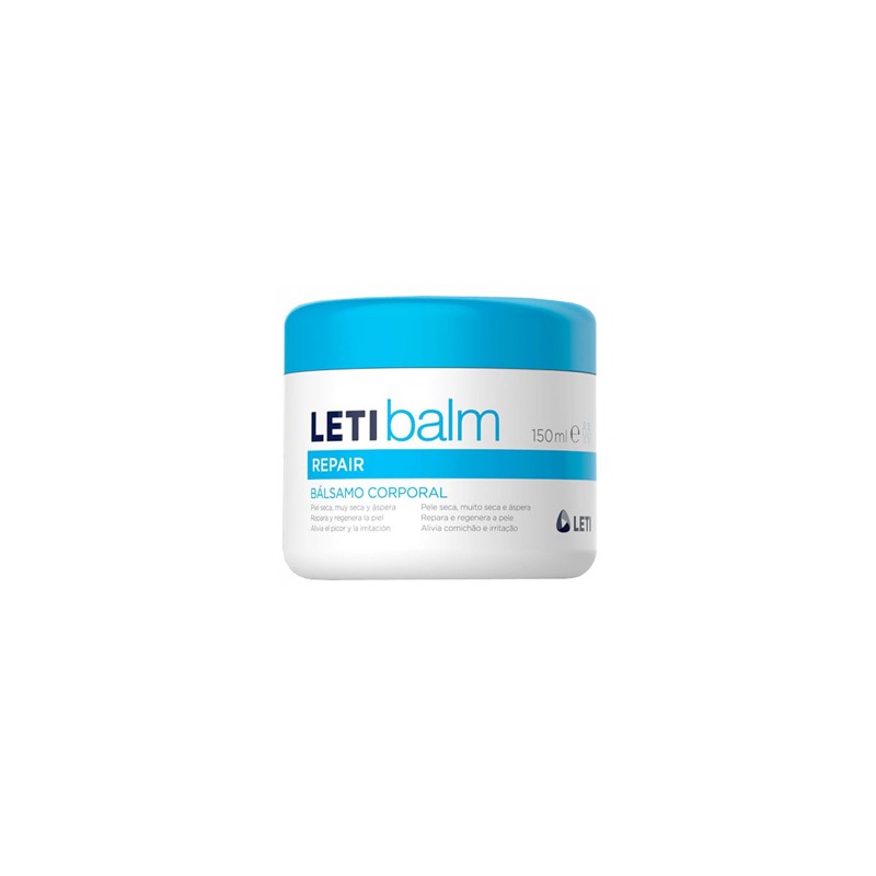 White jar with a blue lid, labeled "LETI balm" in blue and black text, containing 150ml of repairing body balm, featuring a clean, modern design.