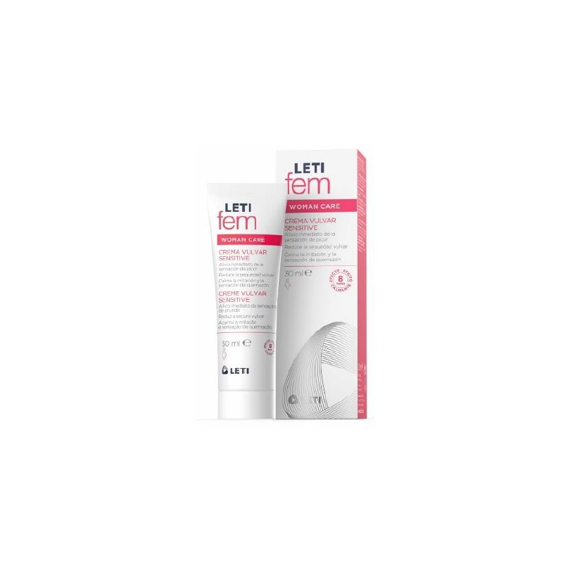 LetiFem Sensitive Vulvar Cream for Women in a 30ml tube, featuring a white and pink design, with key details on vulvar care and sensitivity printed on the packaging.