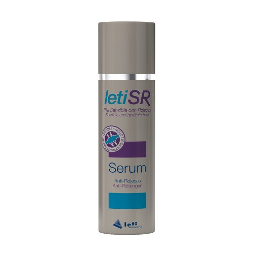 Letisr Anti-Redness Serum in a sleek, silver and purple bottle, featuring a pump dispenser, labeled with "Anti-Rougeurs" and "30ml" on the front.