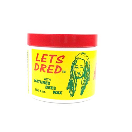 Yellow container with a red lid labeled "Lets Dred" featuring a graphic of a person with dreadlocks, containing 4 oz of beeswax for hair styling.
