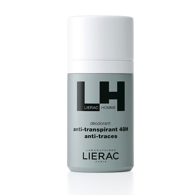 Lierac Roll-On Deodorant in a sleek, gray bottle with a white cap, featuring bold black lettering "LH" and "anti-transpirant 48H" on the front.