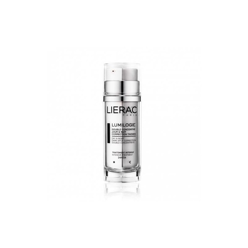 Lierac Lumilogie Double Concentrate in a sleek silver bottle with a pump dispenser, designed for day and night dark-spot correction, 30ml/1.05oz.