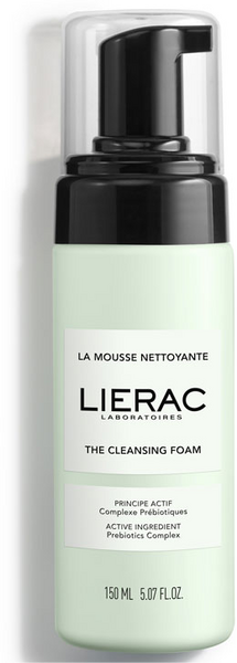 Light green pump bottle of Lierac Makeup Remover Cleansing Mousse, labeled "LA MOUSSE NETTOYANTE" and "THE CLEANSING FOAM," featuring a sleek design and 150ml capacity.