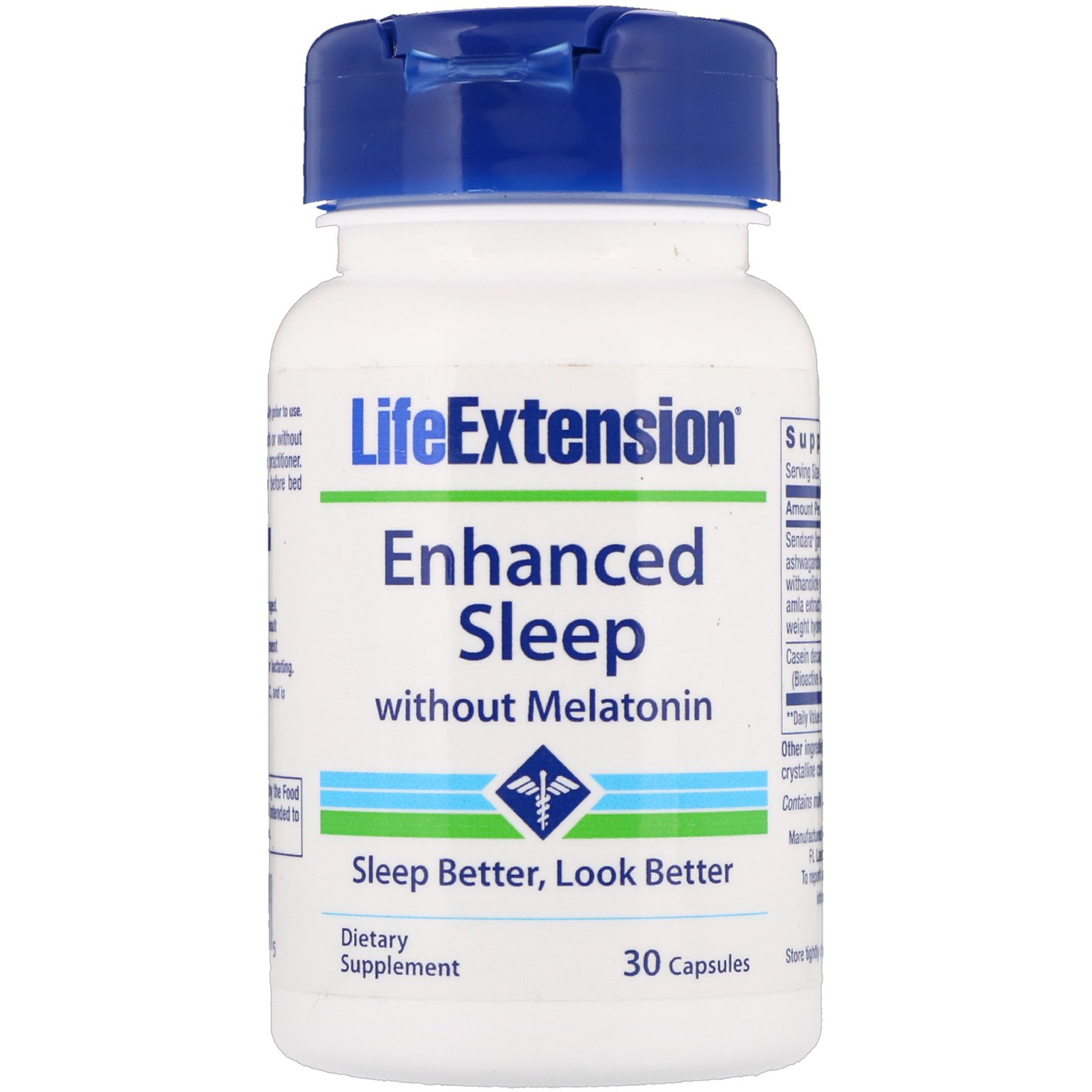 White bottle with a blue cap, labeled "Life Extension Enhanced Sleep without Melatonin," containing 30 capsules, emphasizing dietary supplement benefits.