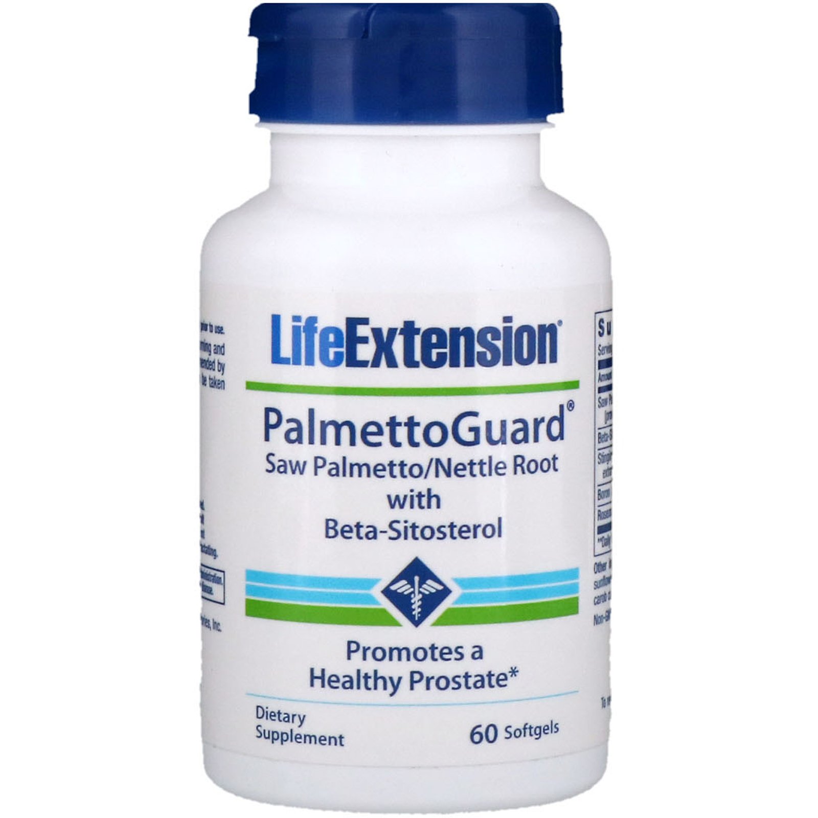 White bottle with a blue label, containing 60 softgels of PalmettoGuard Saw Palmetto/Nettle Root by Life Extension, promoting a healthy prostate.