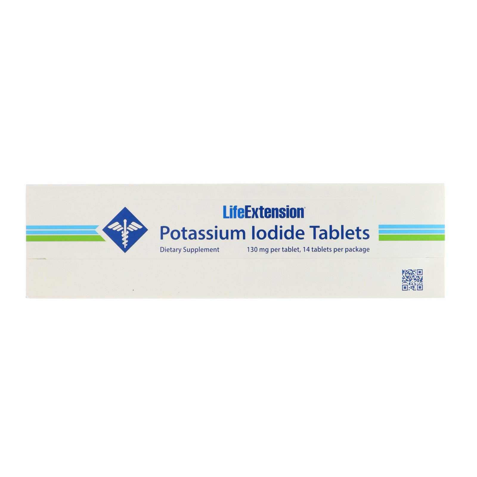 White packaging with blue and green accents, featuring "Potassium Iodide Tablets" text, dietary supplement details, and a QR code; contains 14 tablets at 130 mg each.