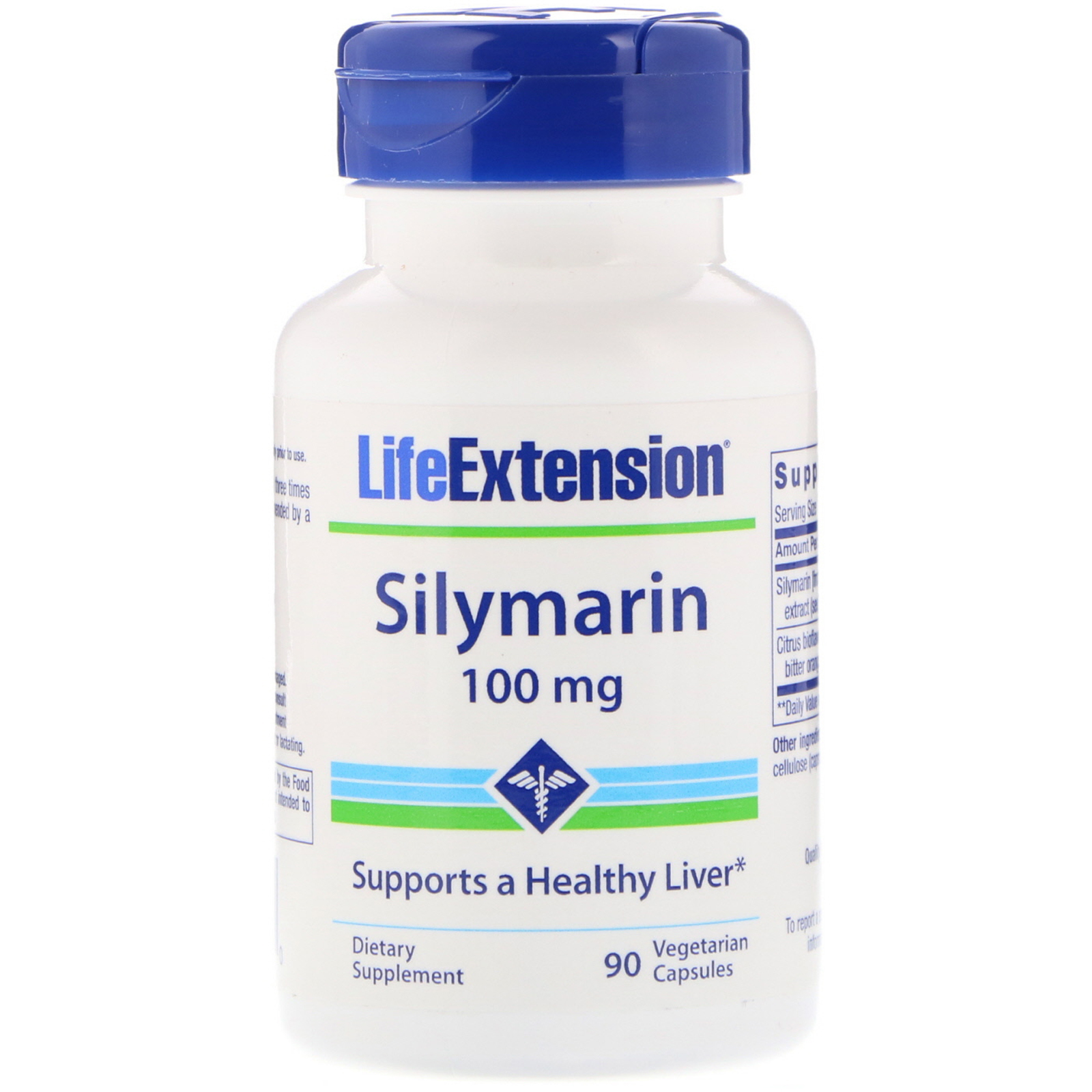 White bottle with a blue cap labeled "Silymarin 100 mg" by Life Extension, containing 90 vegetarian capsules, promoting liver health.