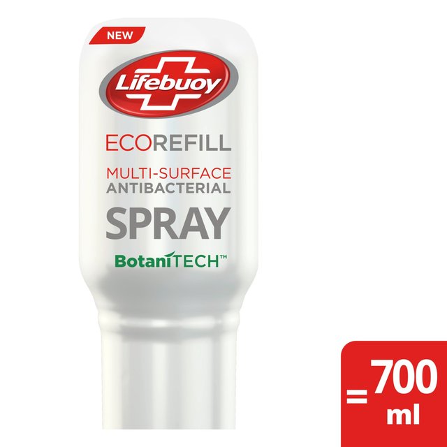 Lifebuoy Antibacterial Multi Surface Ecorefill, 70ml, features a white plastic bottle with a red logo and a spray nozzle, labeled as "NEW" and highlighting its antibacterial properties.