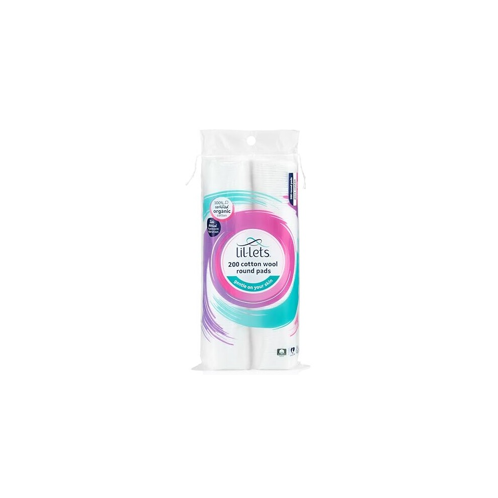 White bulk pack of 200 round cotton wool pads by Lil-Lets, featuring a colorful label indicating certified organic material, soft texture, and dermatologically tested quality.