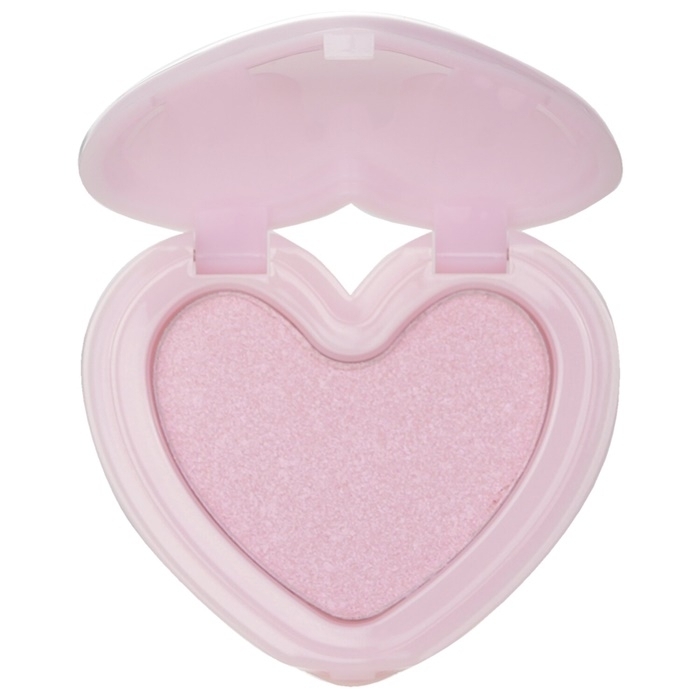 Heart-shaped compact in soft pink, containing a shimmering light pink powder highlighter labeled "Luv Beam Glow Veil - #02 Holy Beam" by Lilybyred, 3.2g.