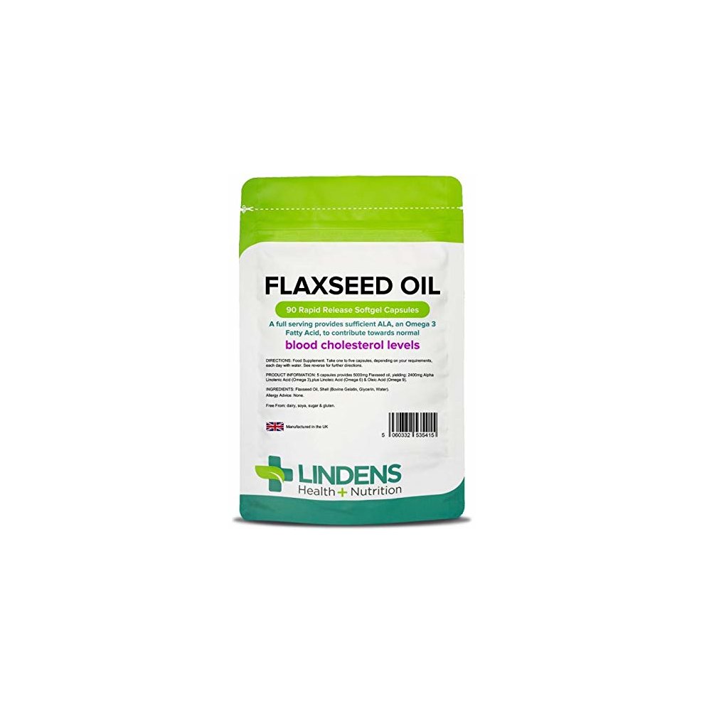 Green and white packaging for Lindens Flaxseed Oil 1000mg, featuring 90 capsules, with text highlighting benefits for blood cholesterol levels.