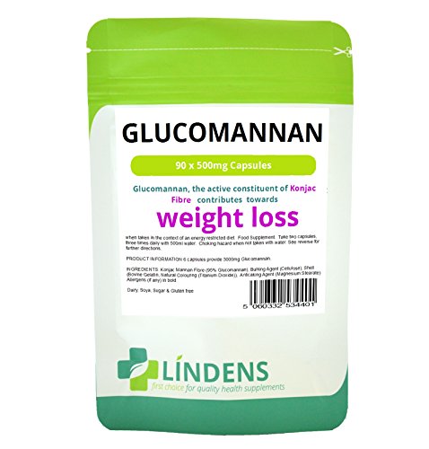Green and white packaging with the text "GLUCOMANNAN" prominently displayed, containing 90 capsules of 500mg Konjac Fibre, labeled for weight loss support.