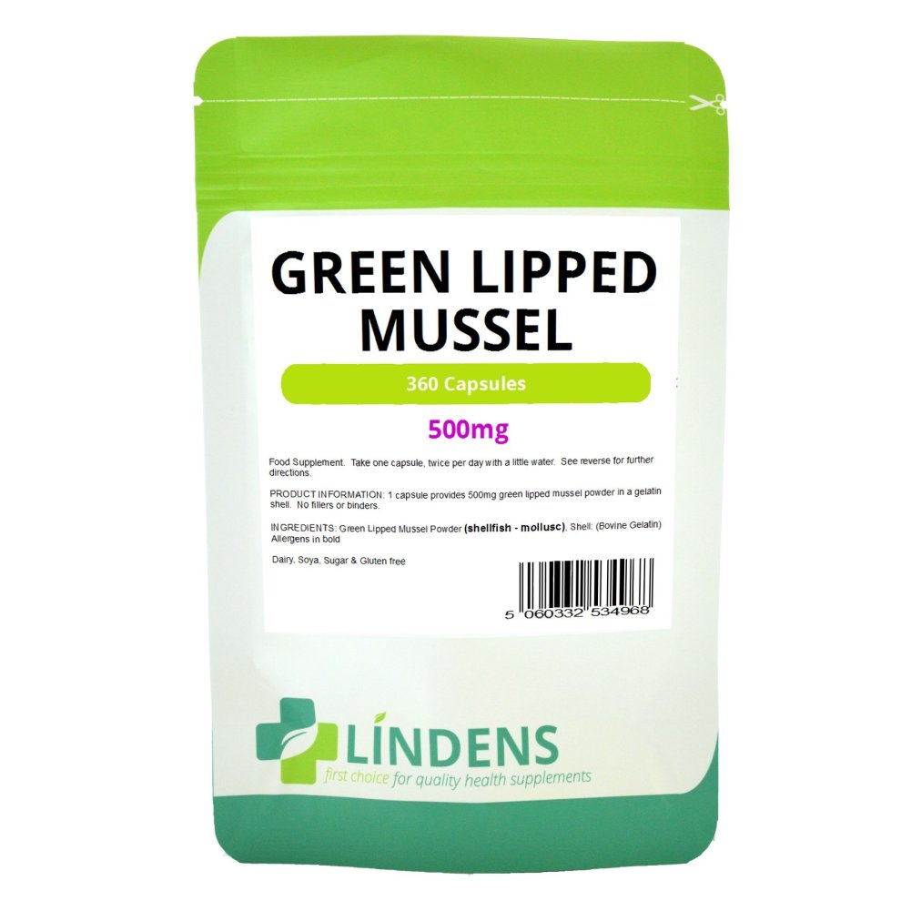 Green Lipped Mussel 500mg capsules in a resealable green and white pouch, featuring the Lindens logo and product details prominently displayed on the front.