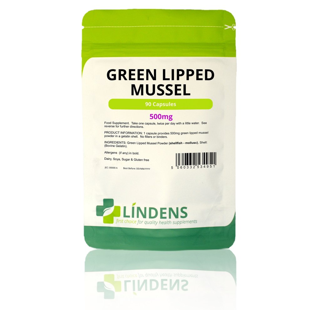 Green Lipped Mussel 500mg capsules in a green and white resealable pouch, featuring bold text and a clear ingredient list, with 90 capsules indicated on the front.