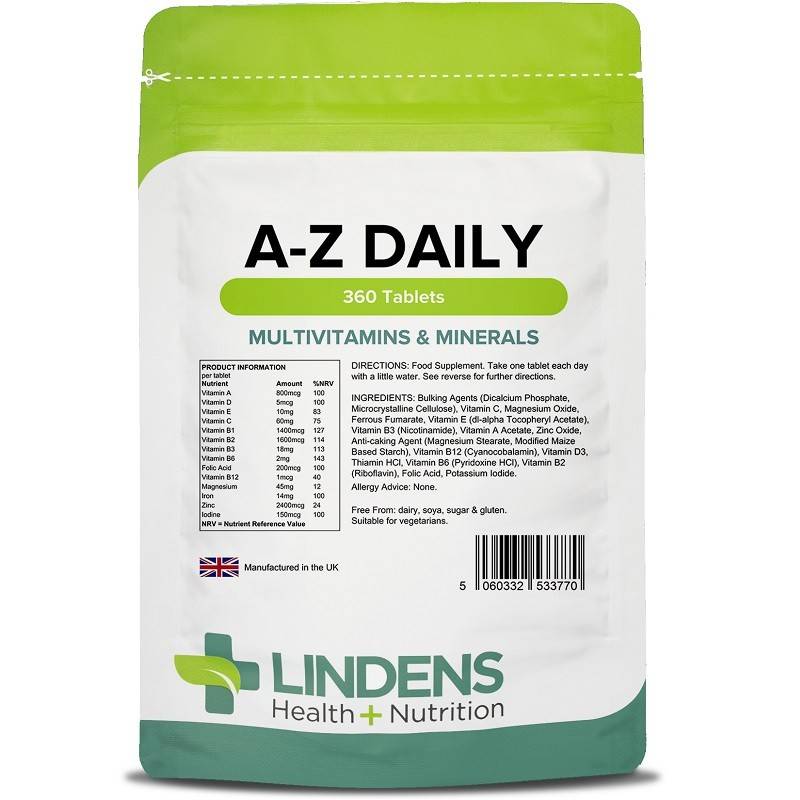 White pouch with green accents labeled "A-Z Daily" and "Multivitamins & Minerals," featuring 360 tablets, product information, and the Lindens logo.