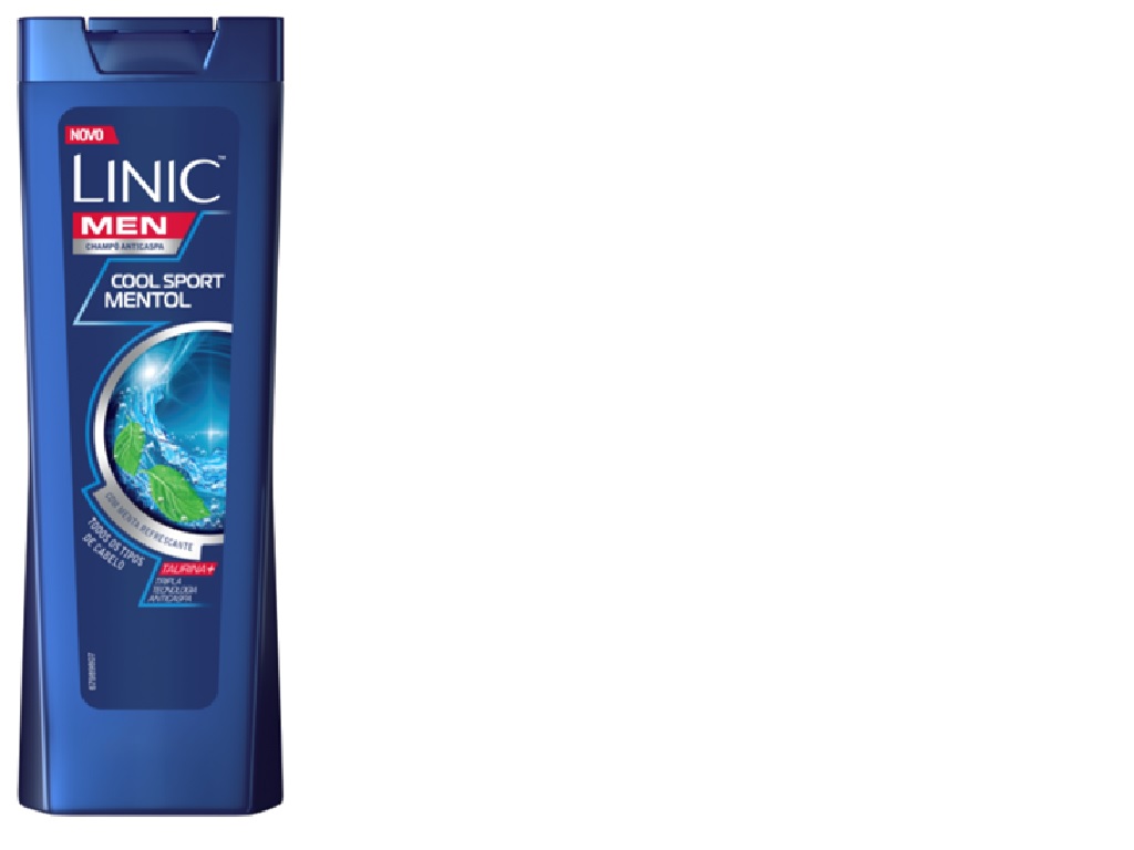Blue bottle of Linic Men Cool Sport anti-dandruff shampoo, featuring a menthol label and a sleek design, 225ml size with a flip-top cap.