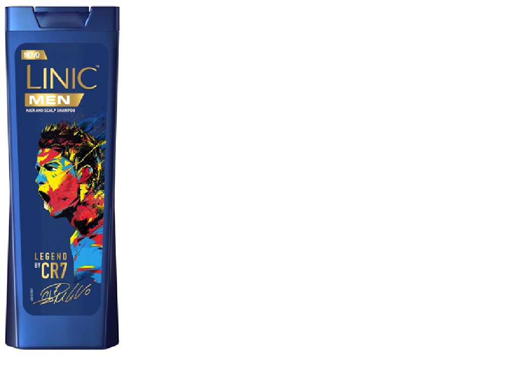 Blue shampoo bottle with a colorful illustration of a male figure, featuring the text "LINIC MEN" and "LEGEND of CR7," designed for anti-dandruff treatment, 360ml size.