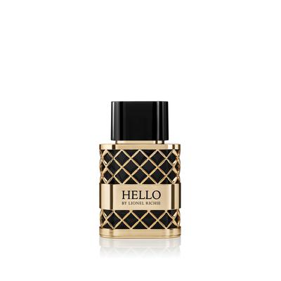 Black and gold bottle of Lionel Richie Hello Cologne for Men, featuring a textured lattice design and a black cap, labeled "HELLO" in gold lettering.