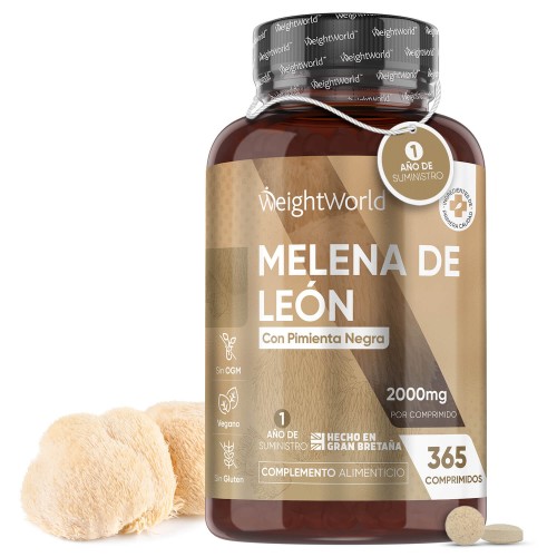 WeightWorld Lions Mane Supplement bottle featuring a brown label, 2000mg dosage, 365 vegan tablets, and a black pepper highlight, with a white background and lion's mane mushroom in the foreground.