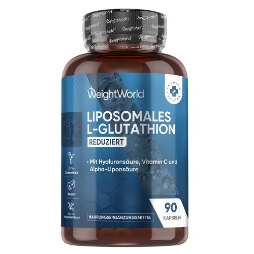 Liposomal L-Glutathione Complex in a dark brown bottle with a white label, featuring blue and green accents, containing 90 capsules and highlighting key ingredients like Vitamin C.